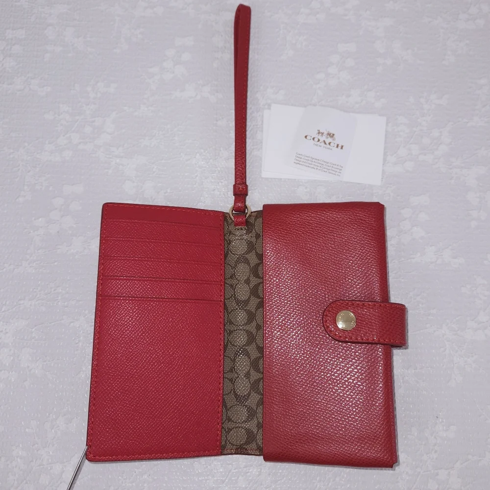 COACH Crossgrain Red Leather Phone Clutch Wristlet